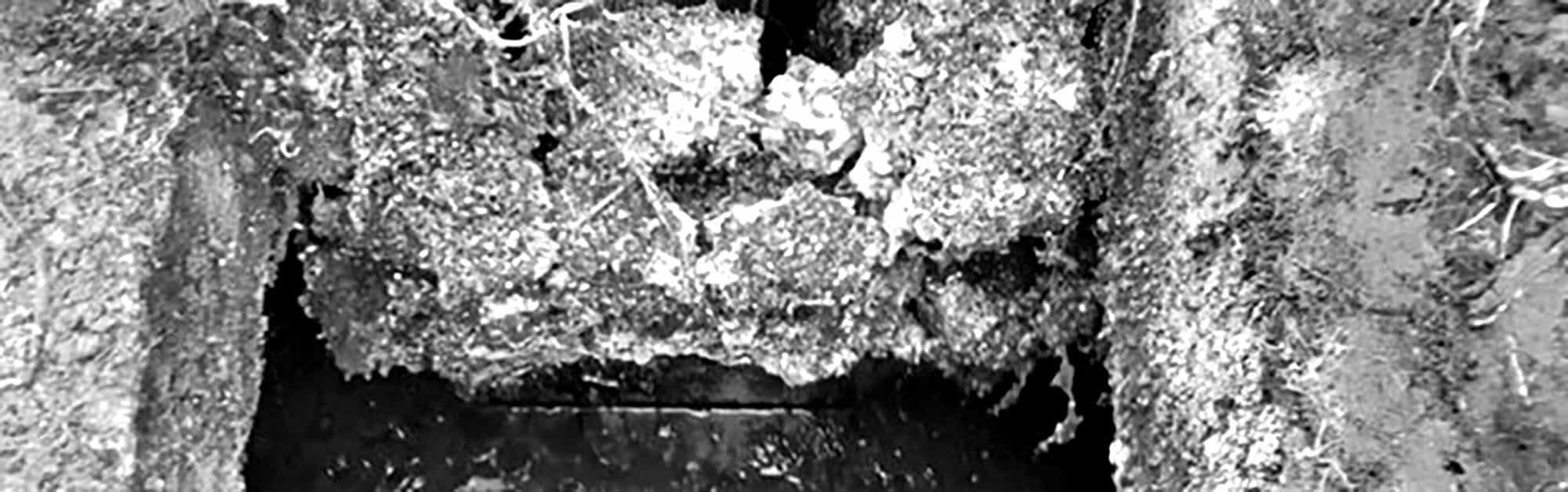 Moss-covered septic tank with standing water