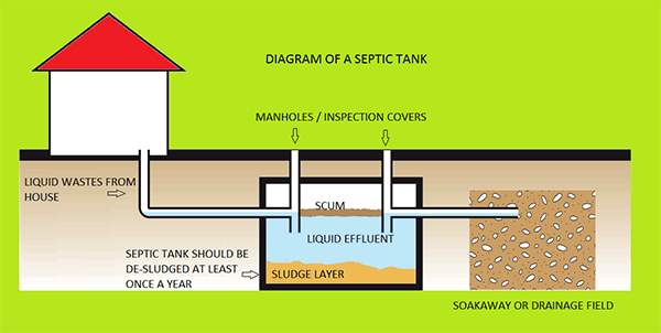Septic tank diagram showing waste flow and components