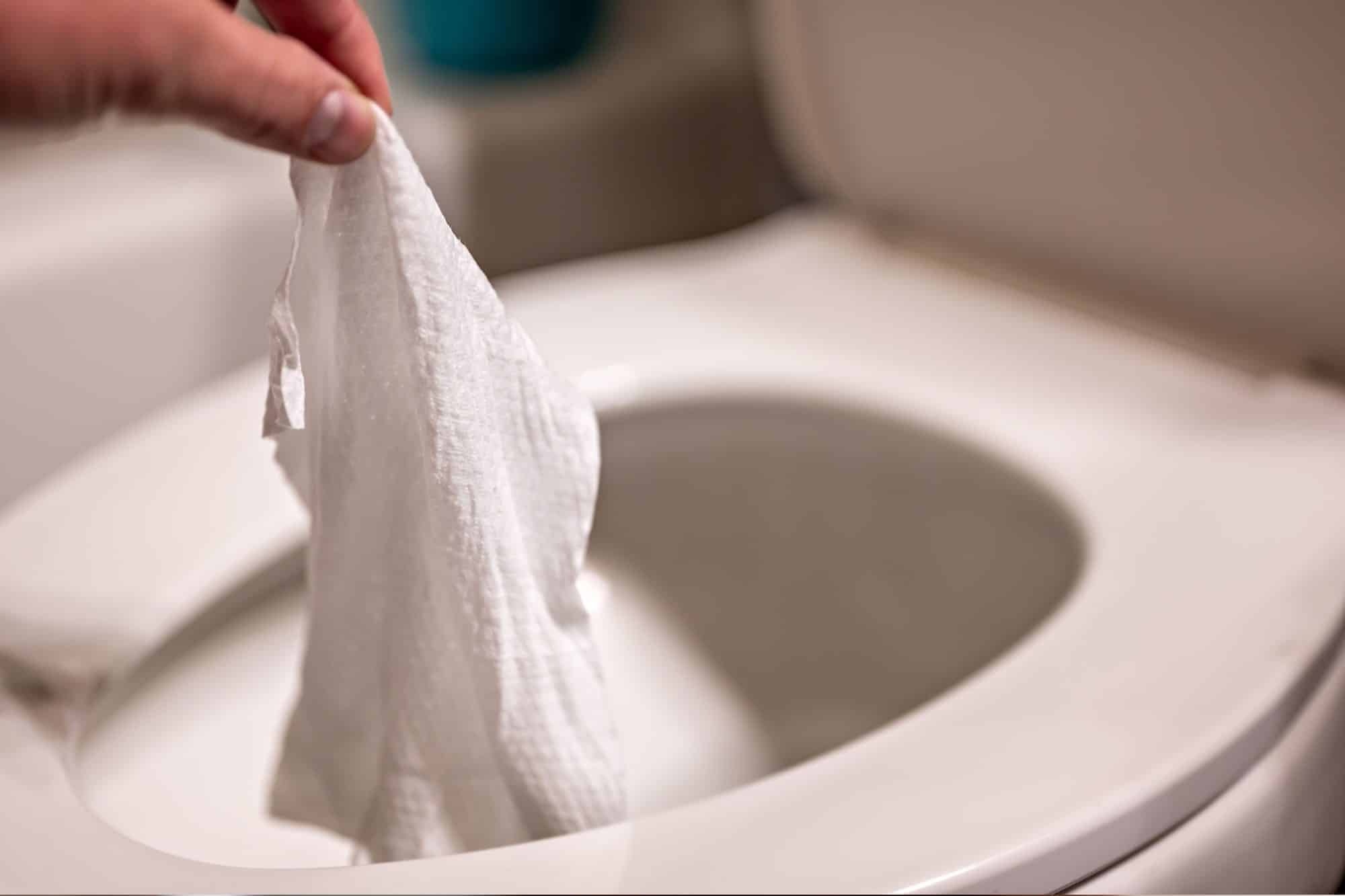 Hand holding wet wipe over toilet, illustrating improper disposal