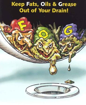 Cartoon Fats, Oils, Grease clogging drain with warning text